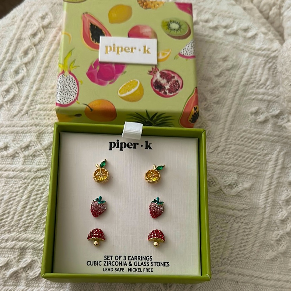 NWT Piper K lemon, strawberry, and mushroom earring set of 3
